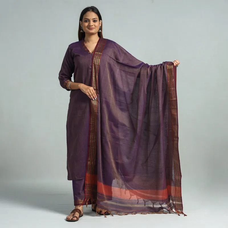 Purple - Dharwad Cotton Kurta with Palazzo & Dupatta Set made by Itokri