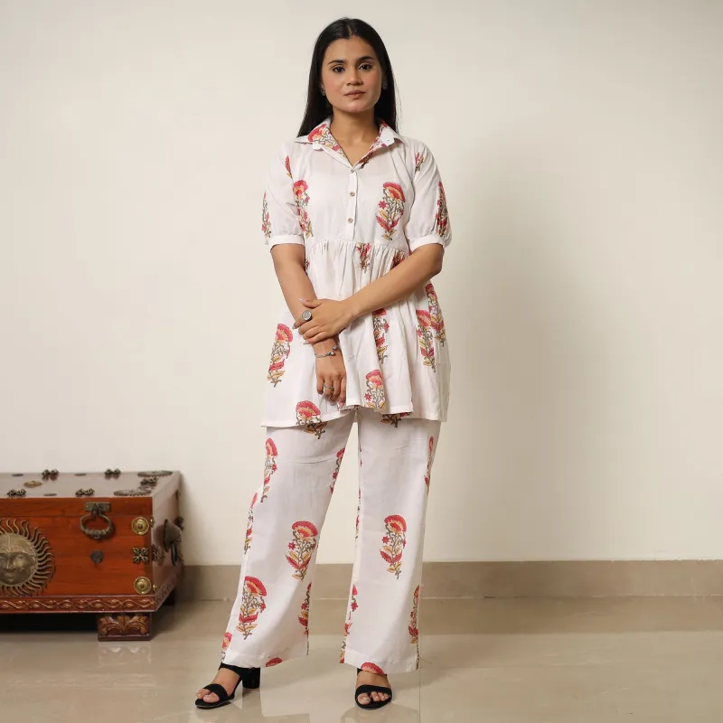 White - Sanganeri Block Printed Cotton Co-Ord Set 19 made by Itokri