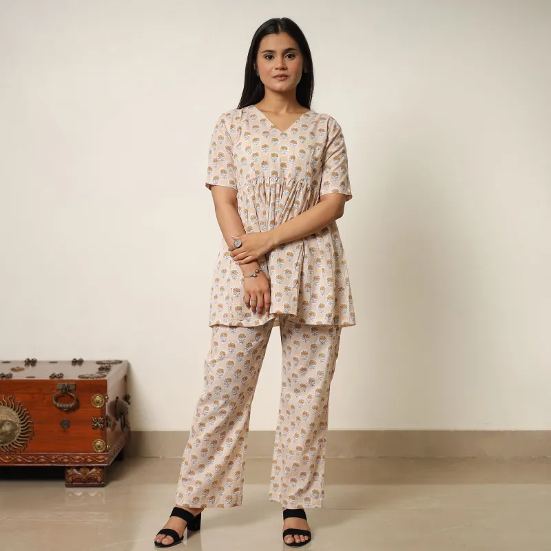 Brown - Sanganeri Block Printed Cotton Co-Ord Set 20 made by Itokri