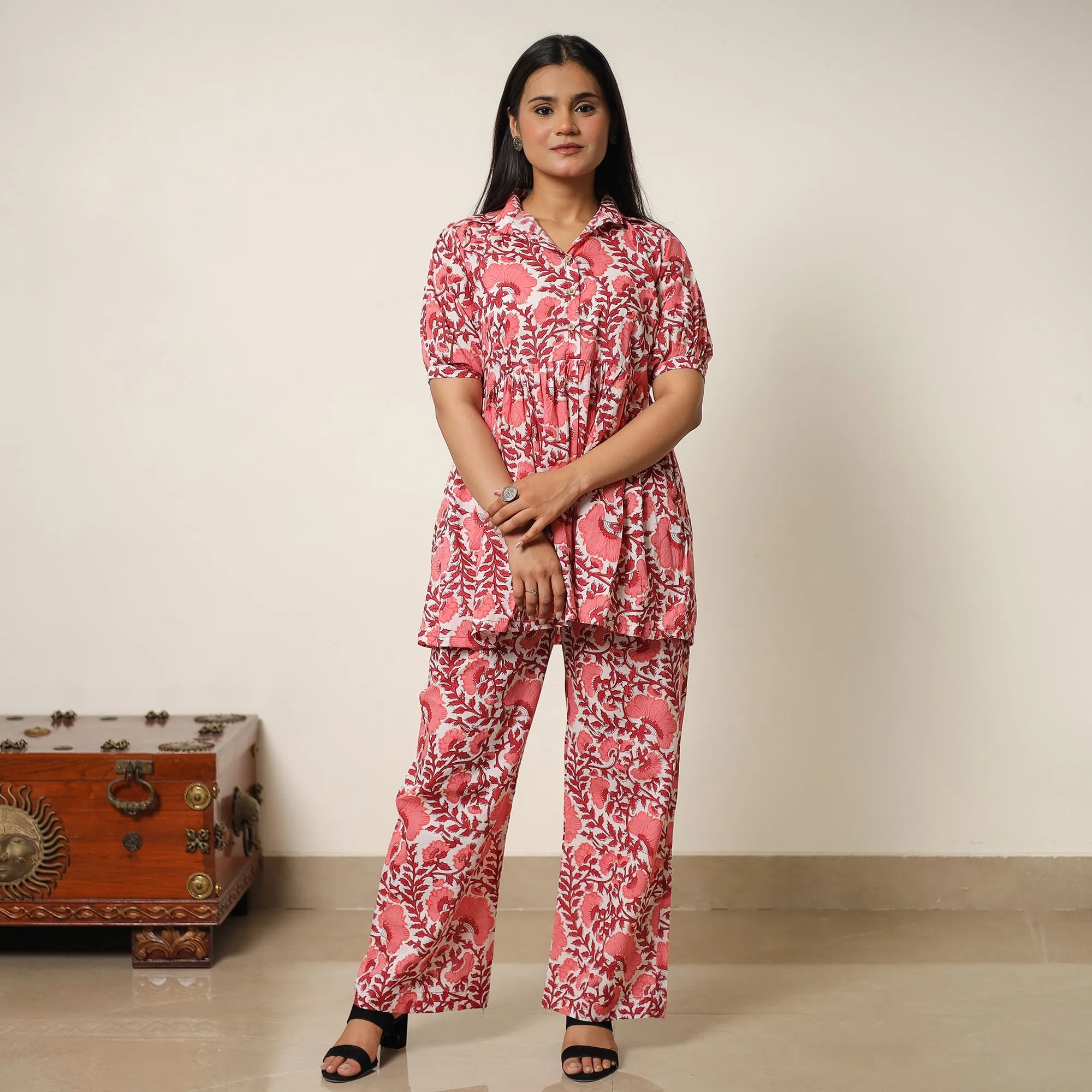 Pink - Sanganeri Block Printed Cotton Co-Ord Set 18 sold by Itokri