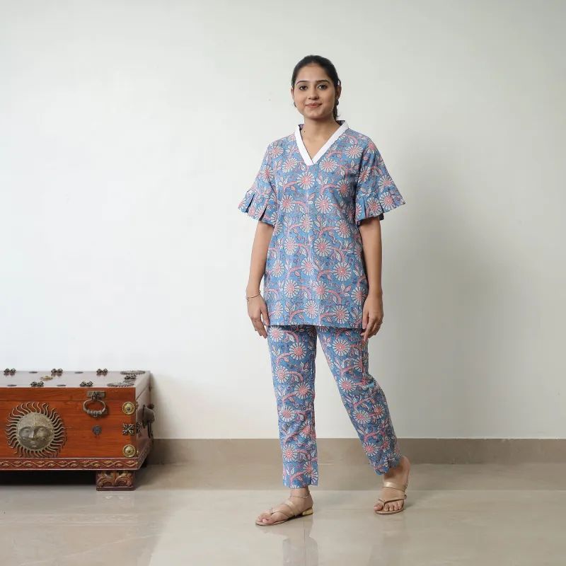 Blue - Block Printed Cotton Sanganeri Co-Ord Set 02 made by Itokri