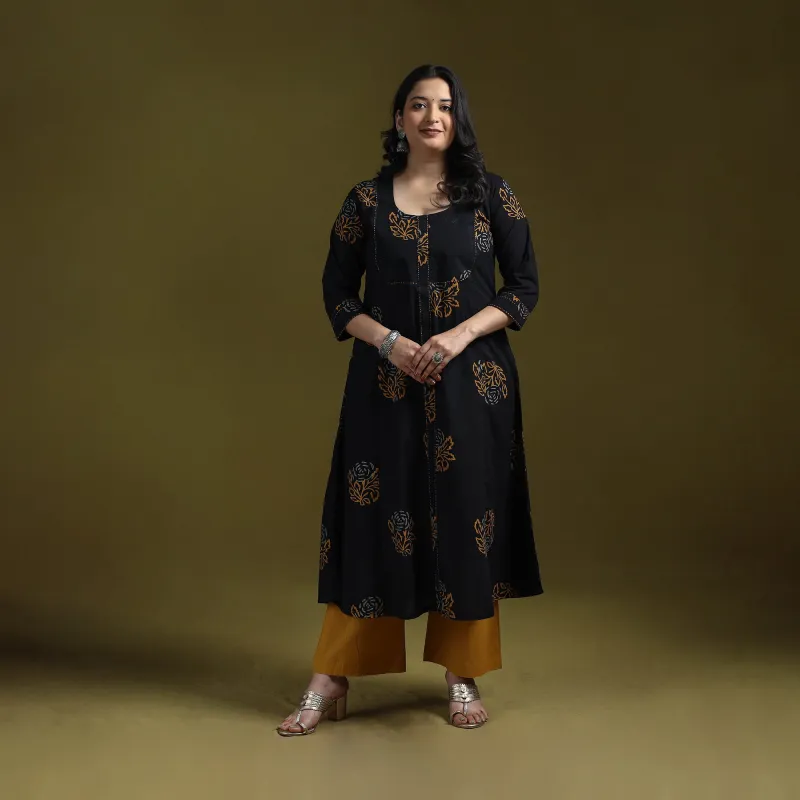 Bagru Hand Block Print Syahi Begar Hand Embroidered Cotton A-Line Kurta for women 10 made by Itokri