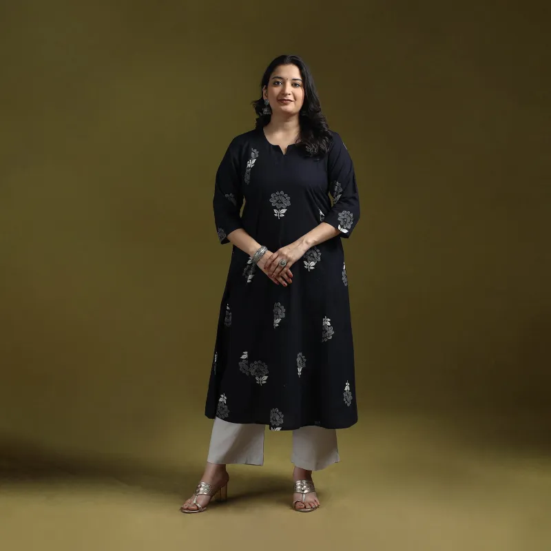 Bagru Hand Block Print Syahi Begar Cotton A-Line Kurta for women 01 made by Itokri