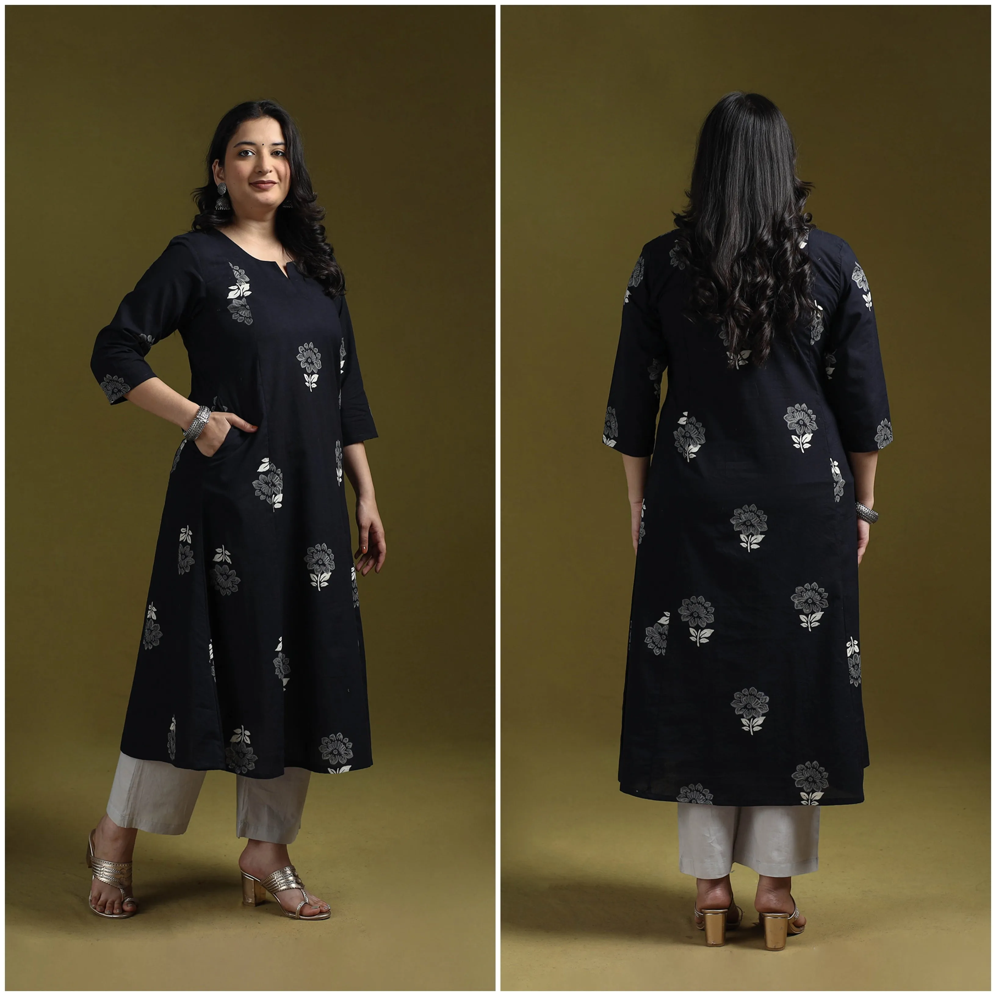 Bagru Hand Block Print Syahi Begar Cotton A-Line Kurta for women 01 sold by Itokri product image thumbnail 3