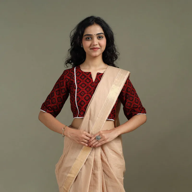 Lace Work Hand Block Bagh Print Natural Dyed Cotton Readymade Blouse 03 made by Itokri