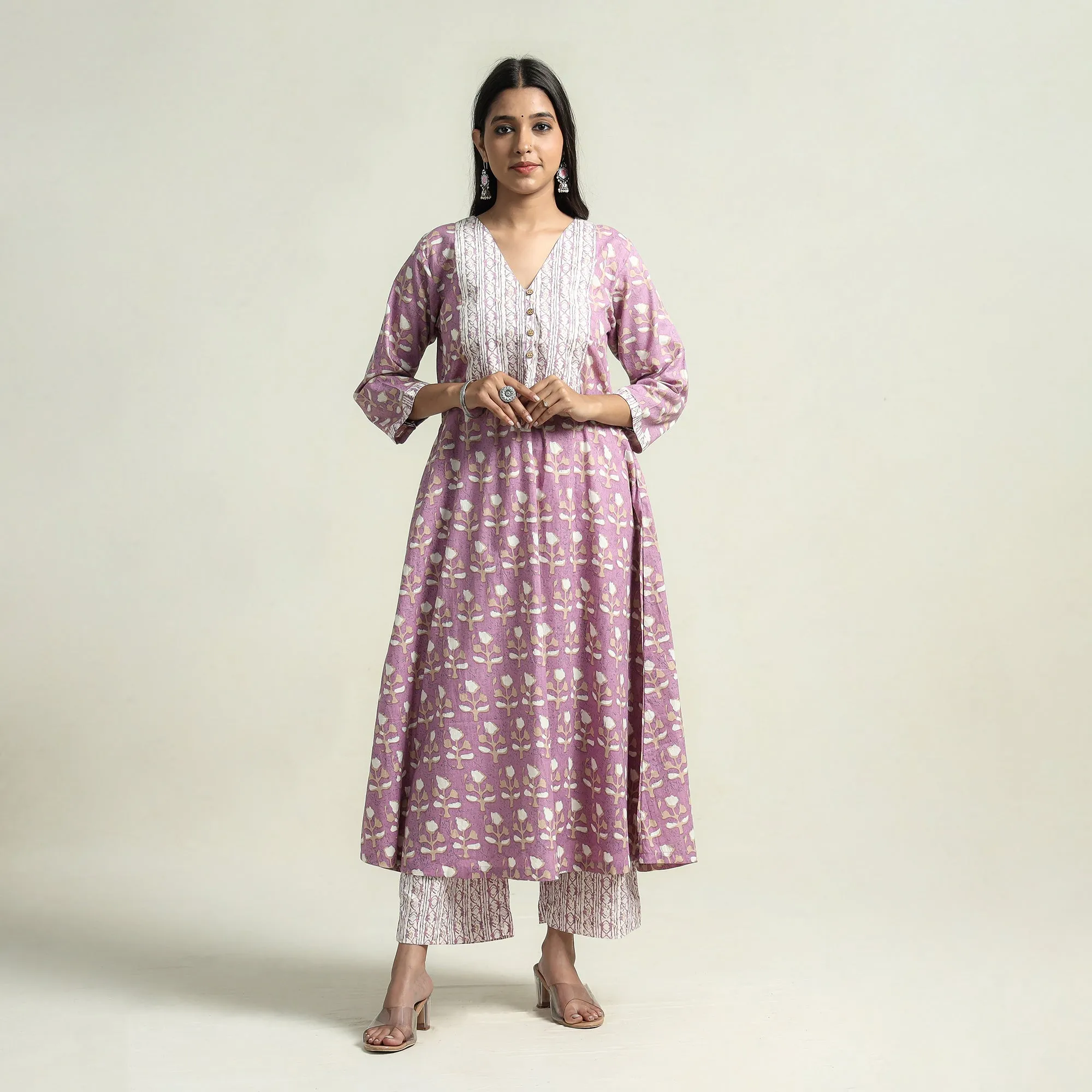 Light Purple - Jaipur Printed Cotton Kurta with Palazzo & Dupatta Set sold by Itokri product image thumbnail 4