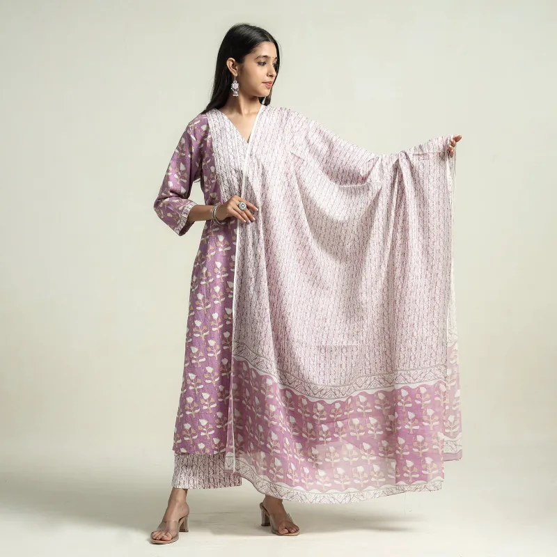 Light Purple - Jaipur Printed Cotton Kurta with Palazzo & Dupatta Set made by Itokri
