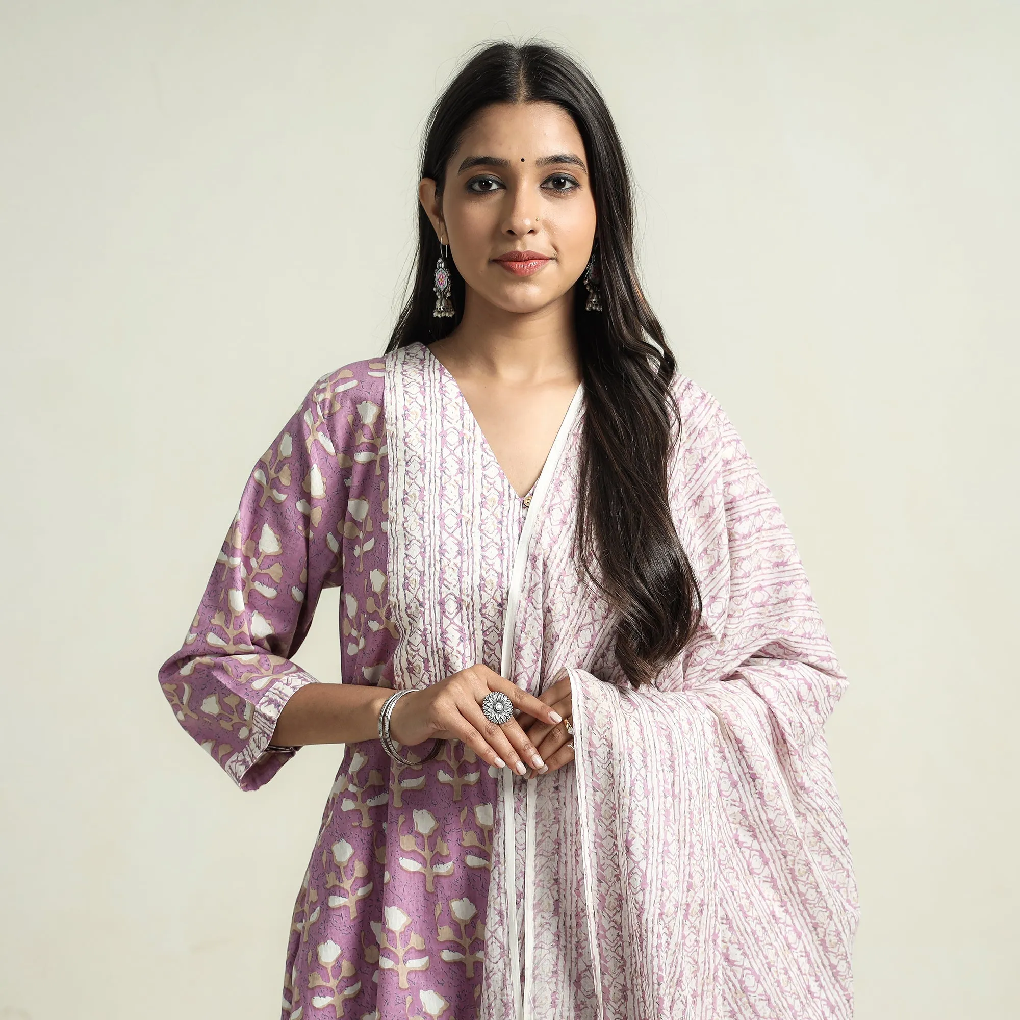 Light Purple - Jaipur Printed Cotton Kurta with Palazzo & Dupatta Set sold by Itokri product image thumbnail 3