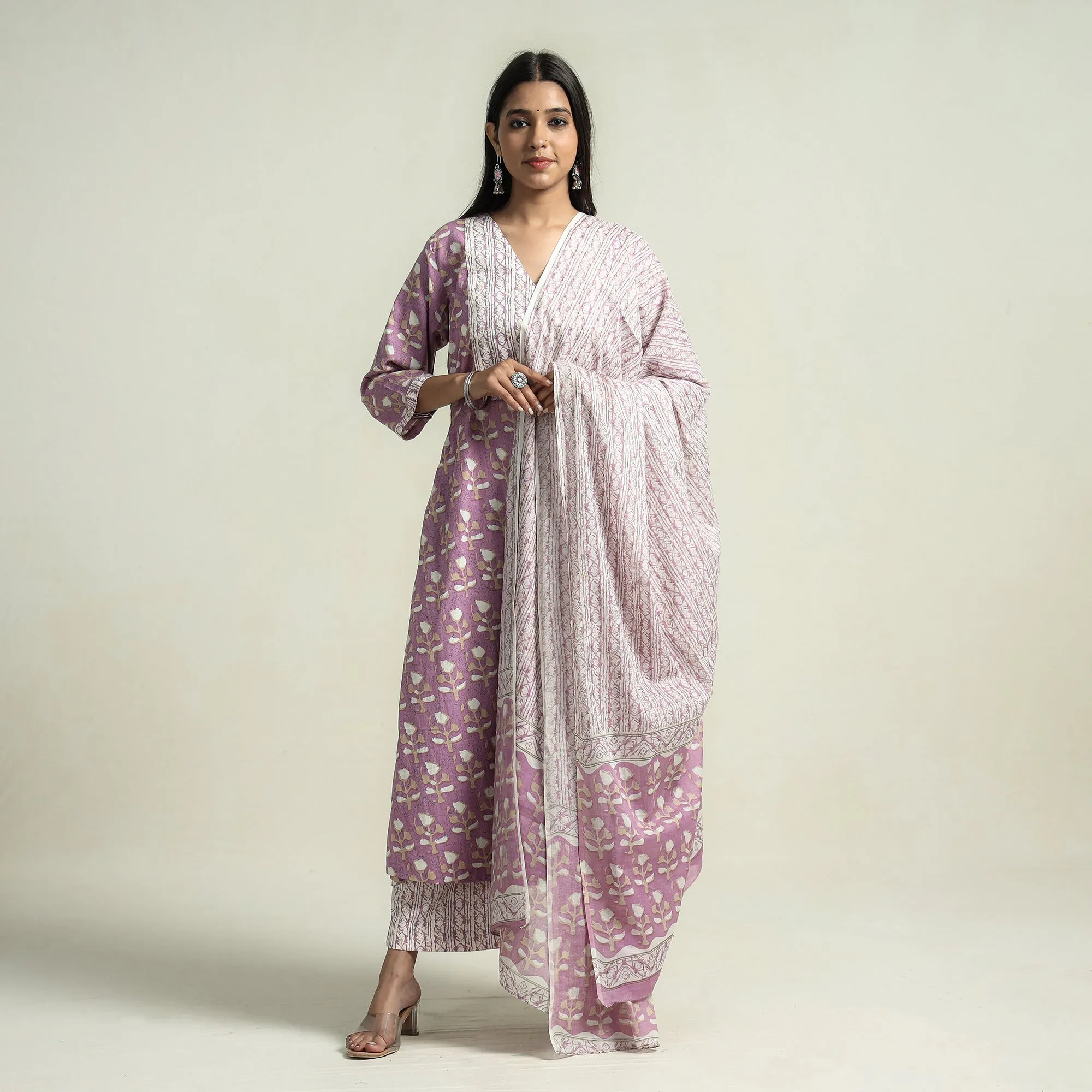 Light Purple - Jaipur Printed Cotton Kurta with Palazzo & Dupatta Set sold by Itokri product image thumbnail 2