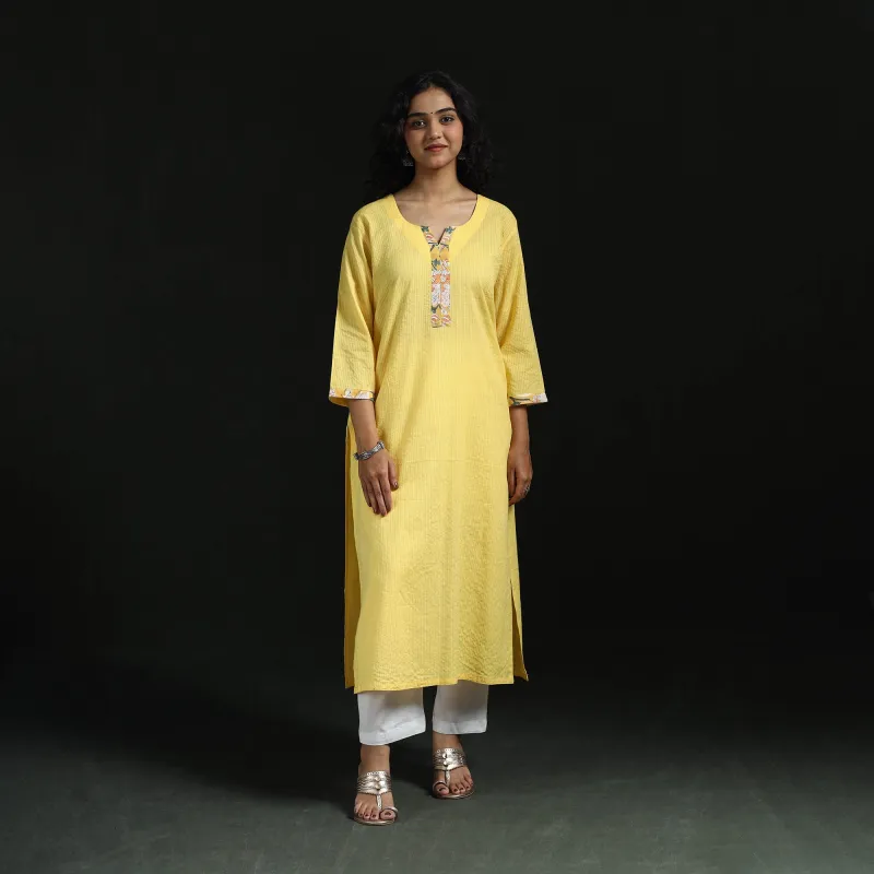 Yellow - Plain Running Stitch Straight Cotton Kurta for women 03 made by Itokri