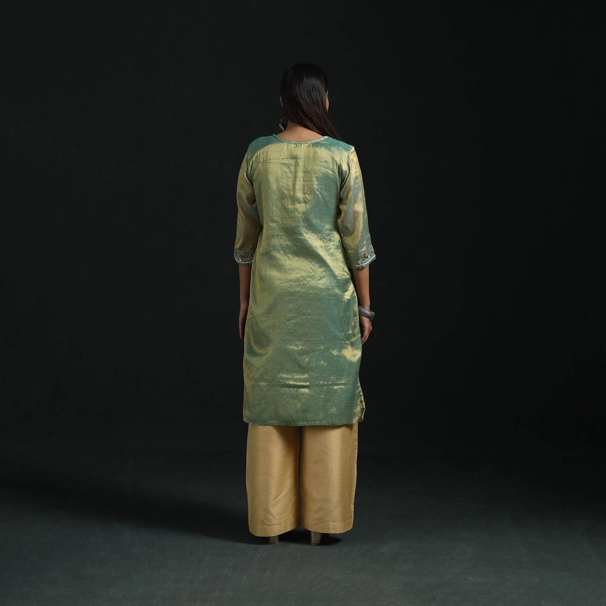Green - Hand Embroidery Fine Tissue Zari Straight Plain Kurta for women 07 sold by Itokri product image thumbnail 5
