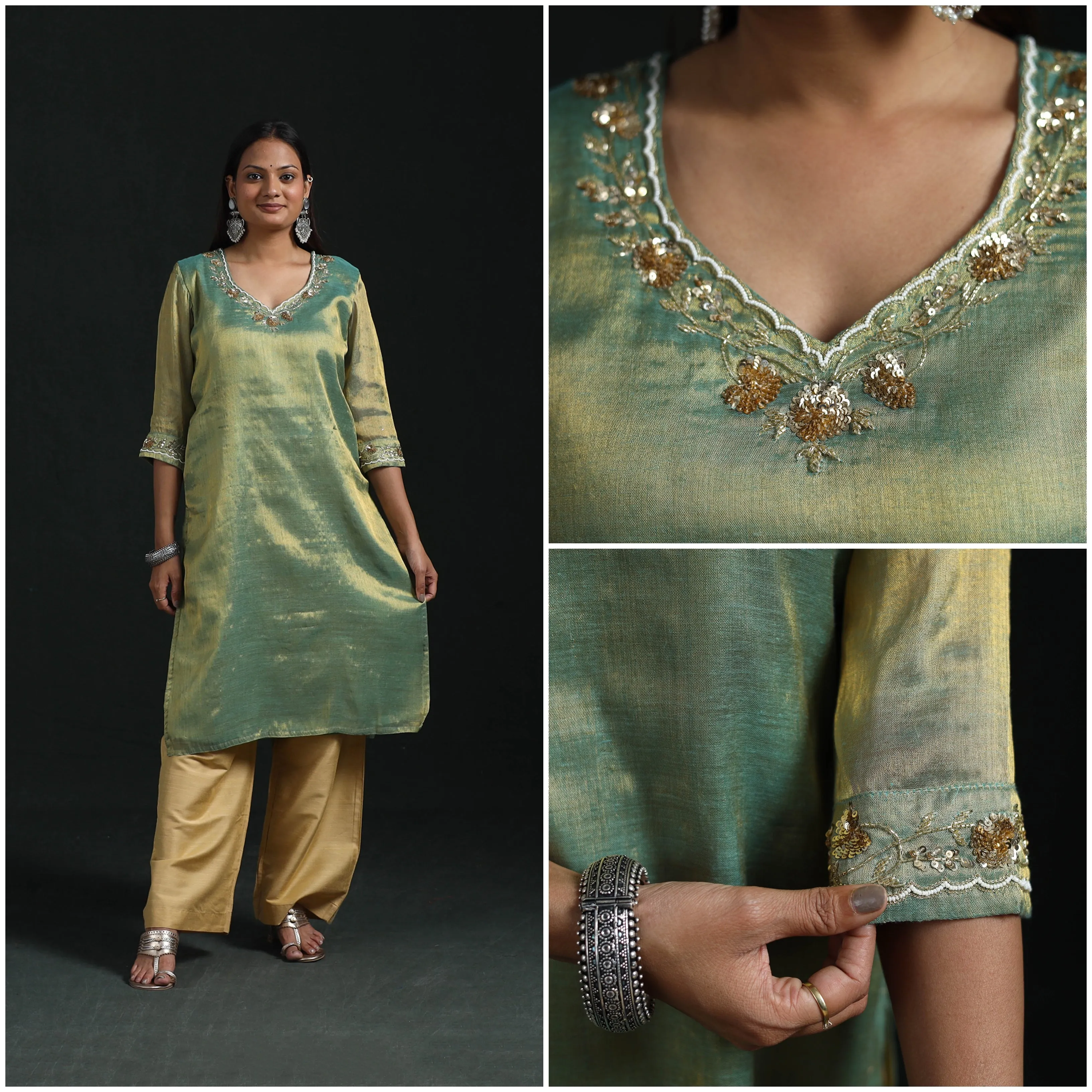 Green - Hand Embroidery Fine Tissue Zari Straight Plain Kurta for women 07 sold by Itokri product image thumbnail 3