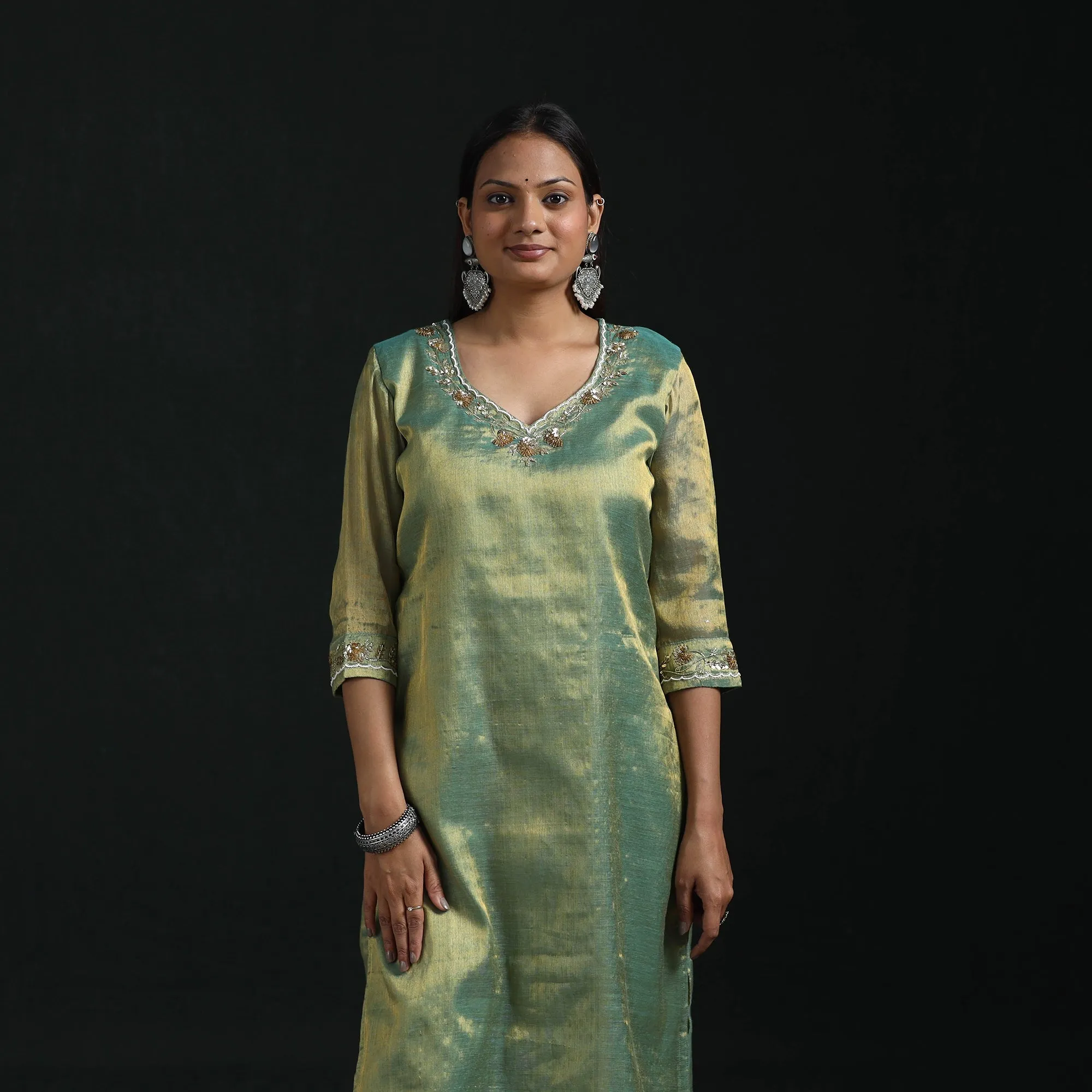 Green - Hand Embroidery Fine Tissue Zari Straight Plain Kurta for women 07 sold by Itokri product image thumbnail 2