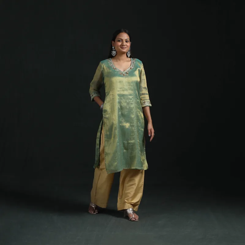 Green - Hand Embroidery Fine Tissue Zari Straight Plain Kurta for women 07 made by Itokri