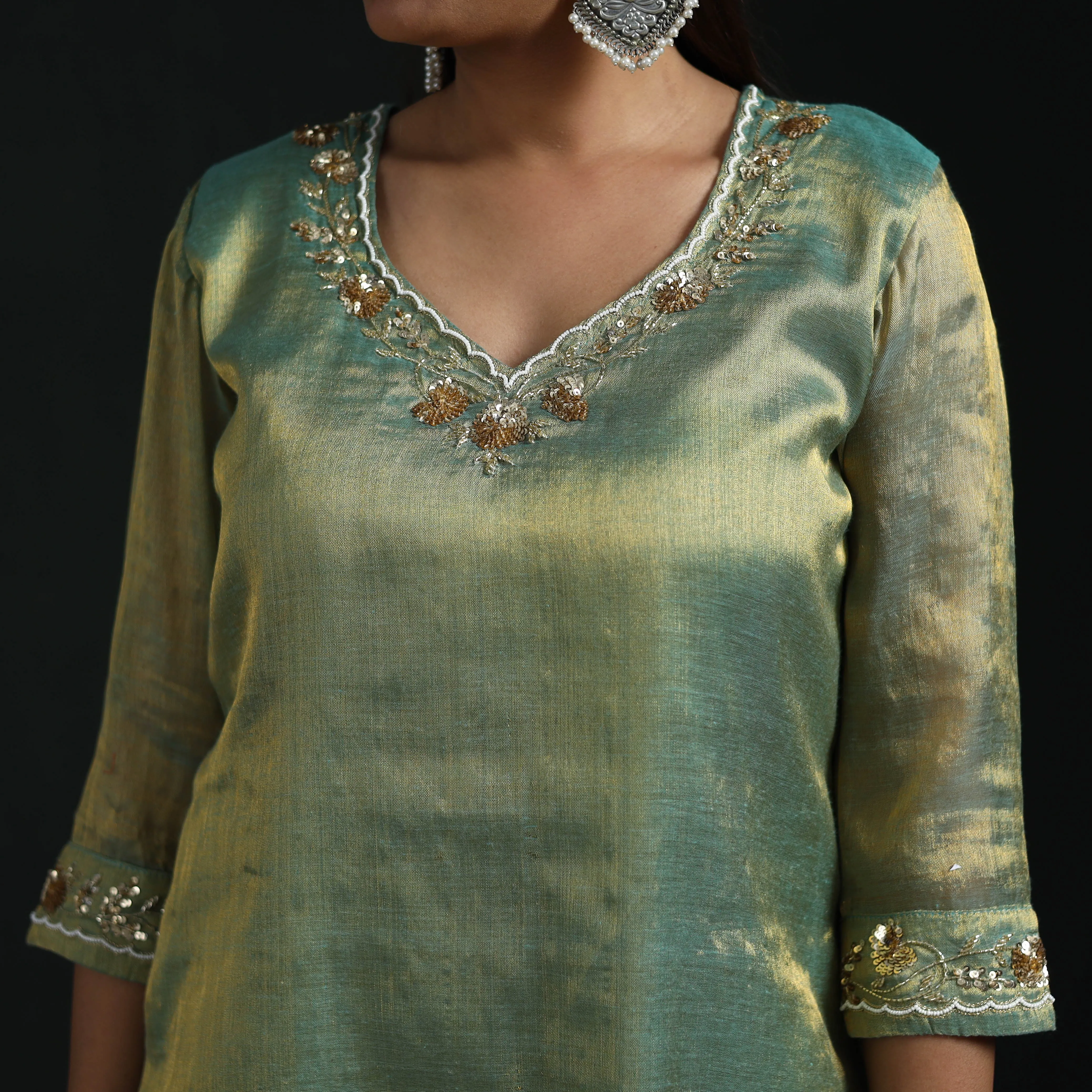 Green - Hand Embroidery Fine Tissue Zari Straight Plain Kurta for women 07 sold by Itokri product image thumbnail 4