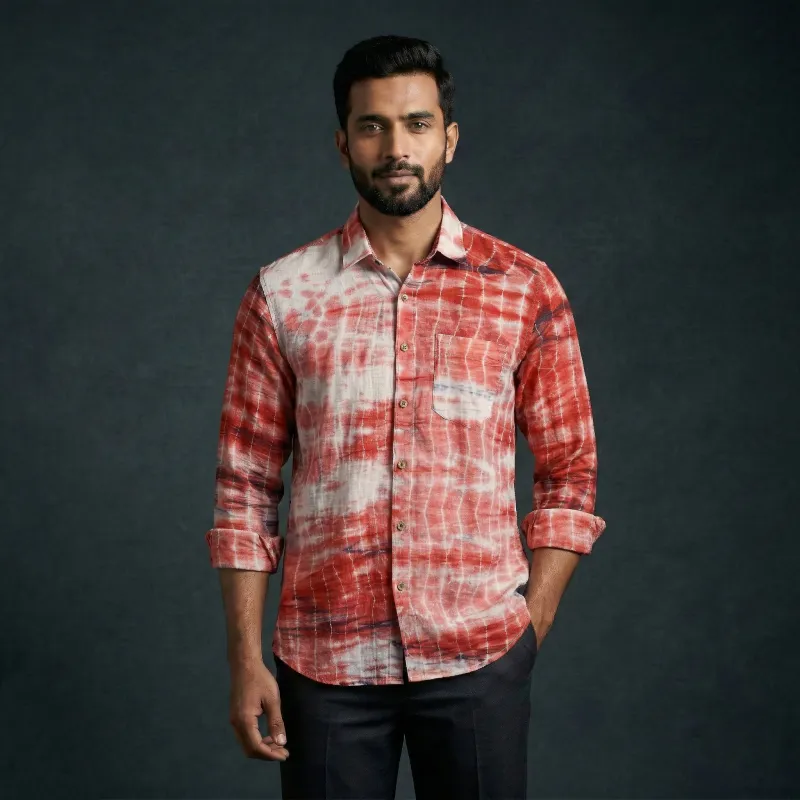 Red - Pure Cotton Full Sleeve Tie-Dye Men Shibori Shirt 25 made by Itokri