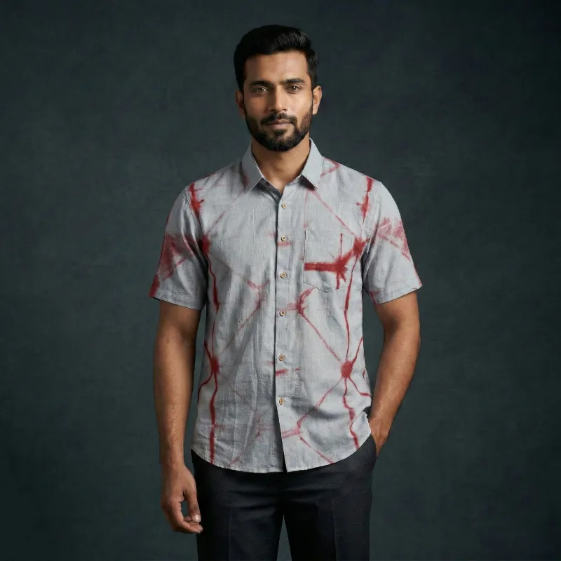 Blue - Grey - Pure Cotton Half Sleeve Tie-Dye Men Shibori Shirt 34 made by Itokri
