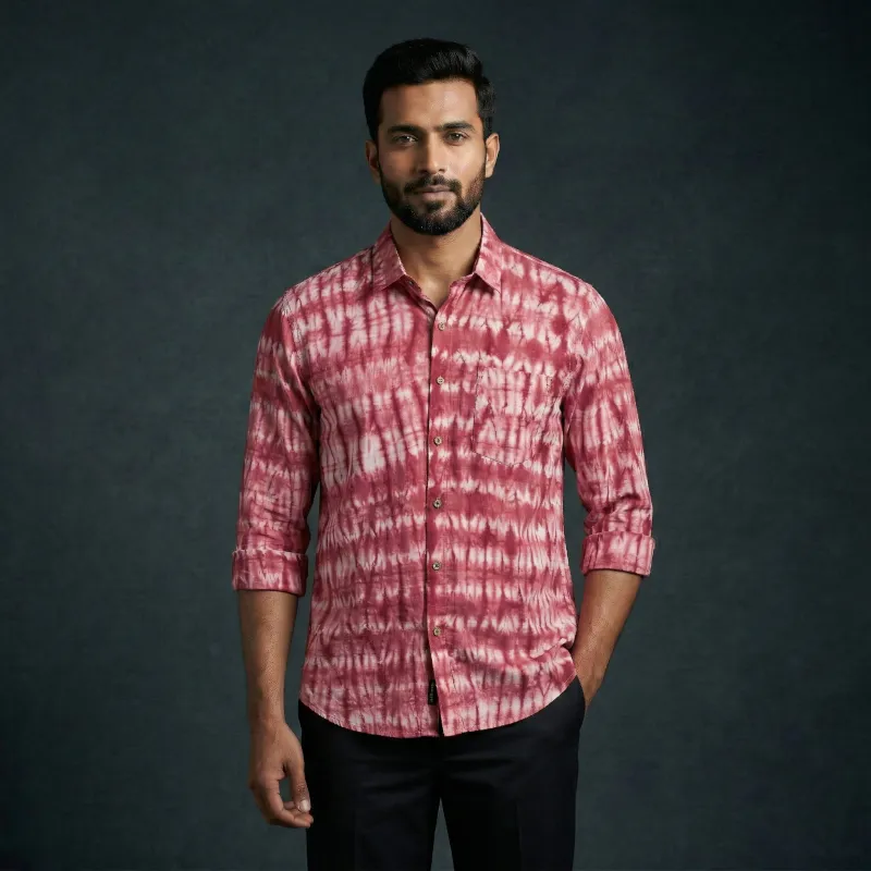 Pink - Pure Cotton Full Sleeve Tie-Dye Men Shibori Shirt 24 made by Itokri