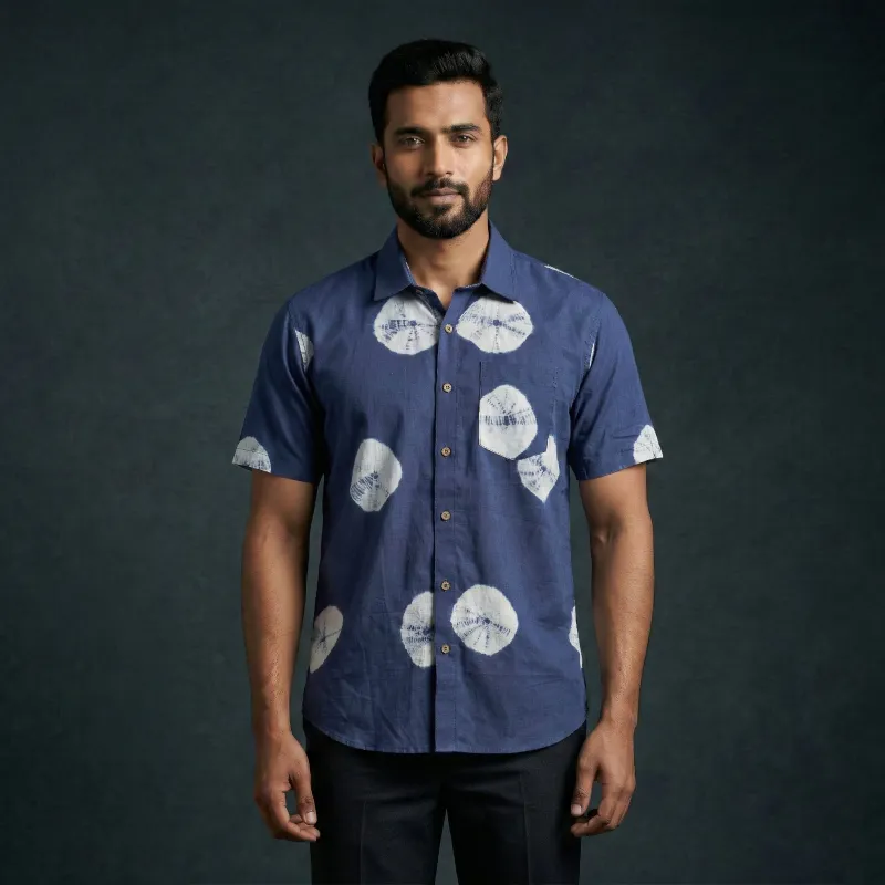 Blue - Pure Cotton Half Sleeve Tie-Dye Men Shibori Shirt 37 made by Itokri