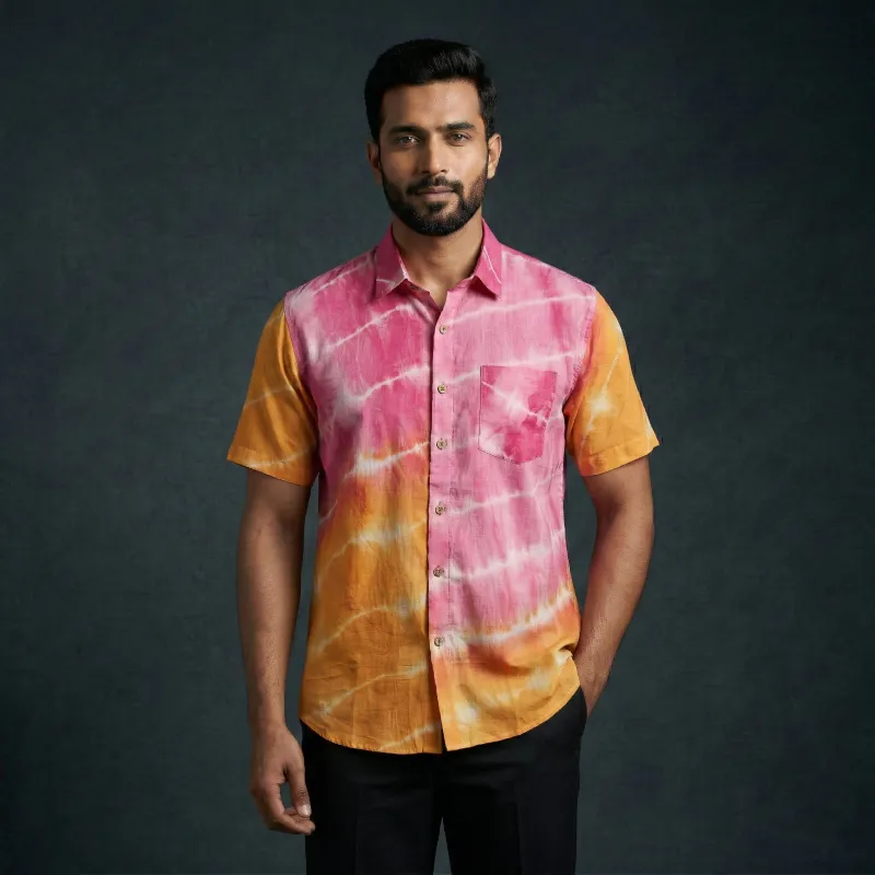 Multicolor - Pure Cotton Half Sleeve Tie-Dye Men Shibori Shirt 49 made by Itokri