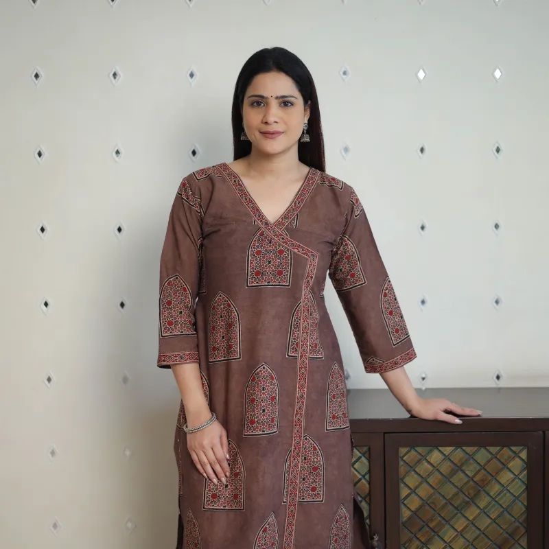 Brown - Block Printed Cotton Straight Ajrakh Kurta 37 made by Itokri