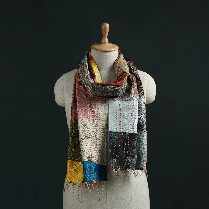 Patchwork Reversible Silk Bengal Hand Kantha Stitch Stole 47 made by Itokri