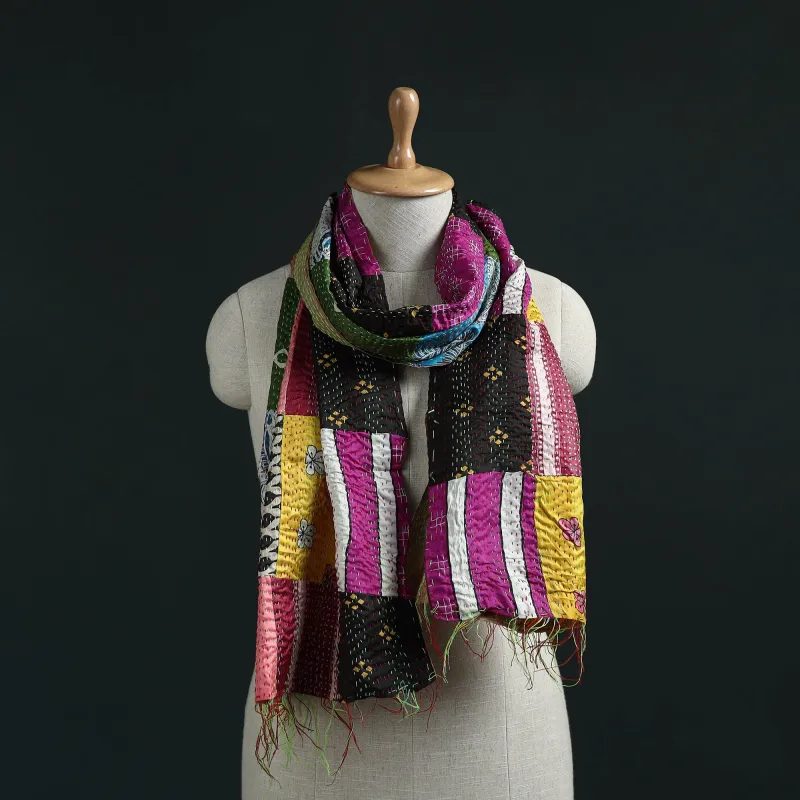Patchwork Reversible Silk Bengal Hand Kantha Stitch Stole 46 made by Itokri