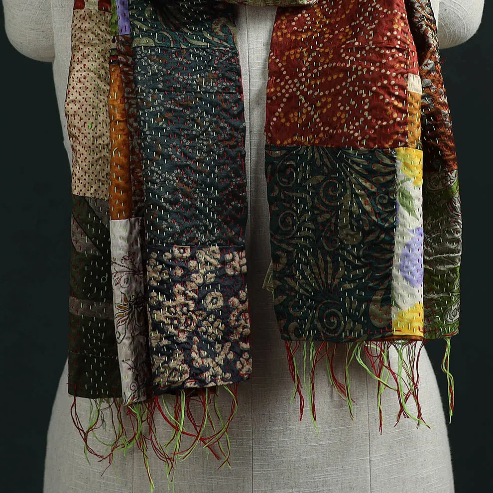 Patchwork Reversible Silk Bengal Hand Kantha Stitch Stole 44 sold by Itokri product image thumbnail 2