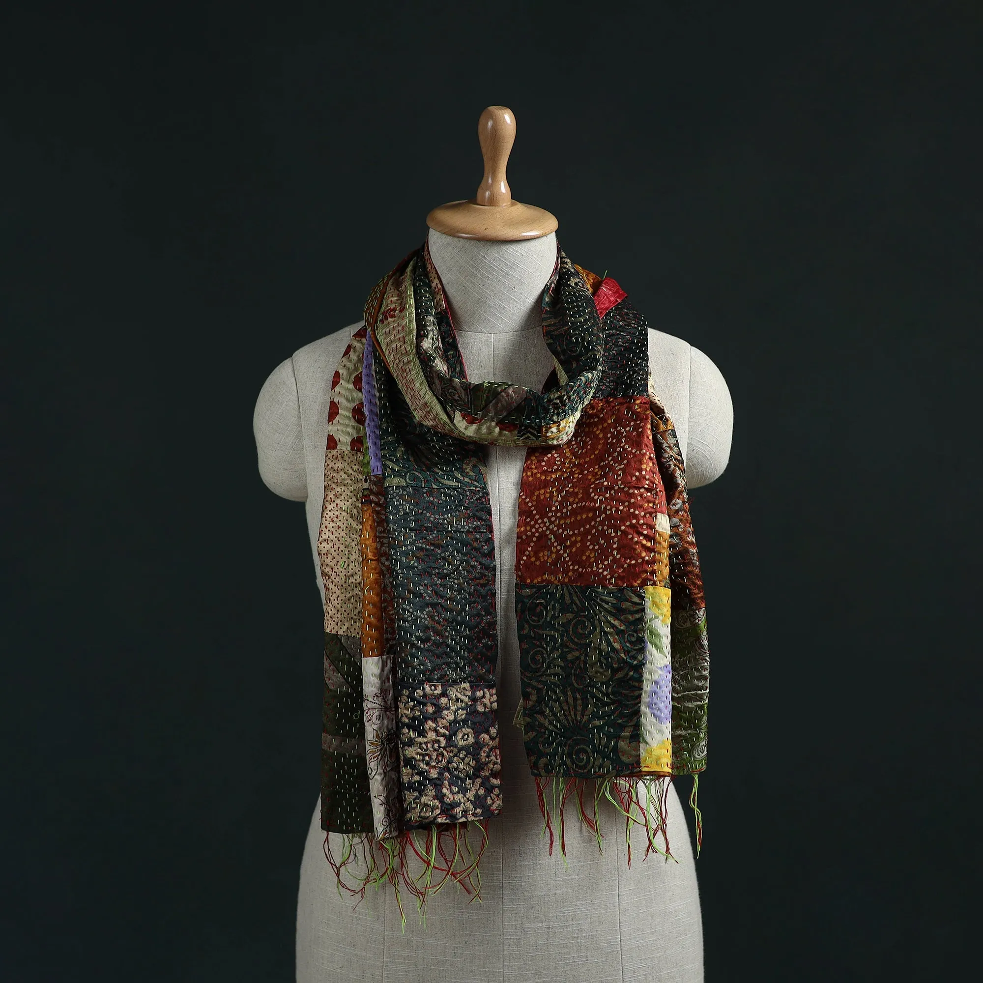 Patchwork Reversible Silk Bengal Hand Kantha Stitch Stole 44 sold by Itokri