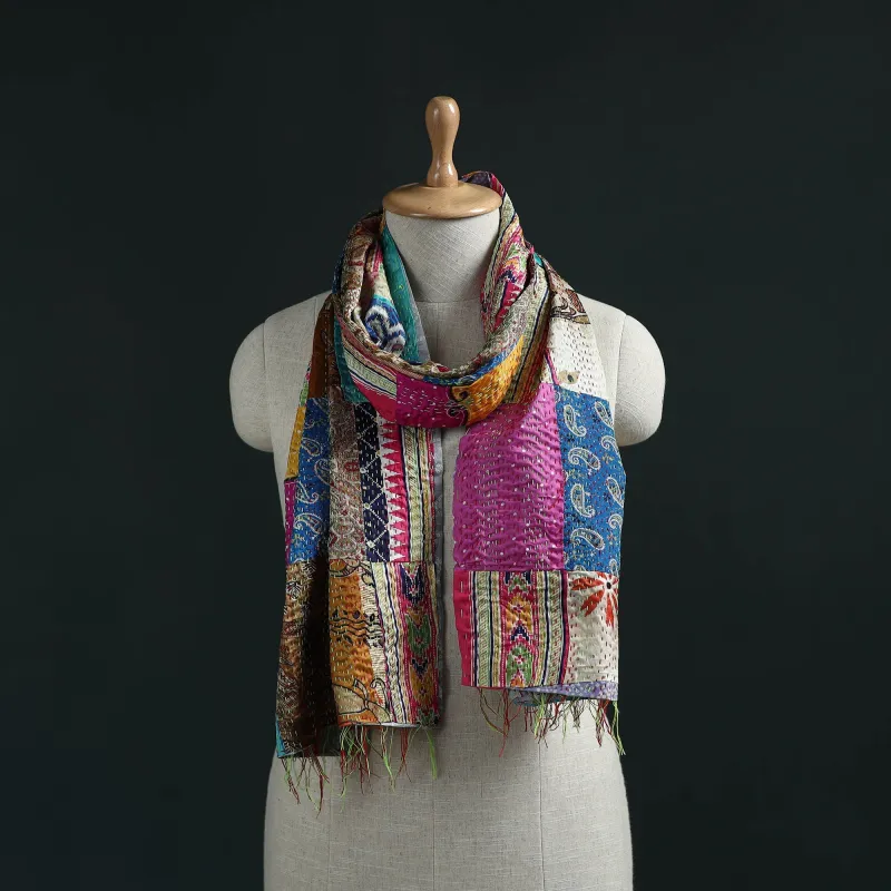 Patchwork Reversible Silk Bengal Hand Kantha Stitch Stole 36 made by Itokri