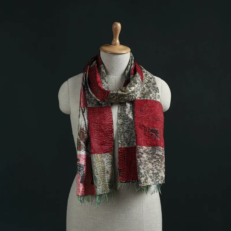 Patchwork Reversible Silk Bengal Hand Kantha Stitch Stole 34 made by Itokri