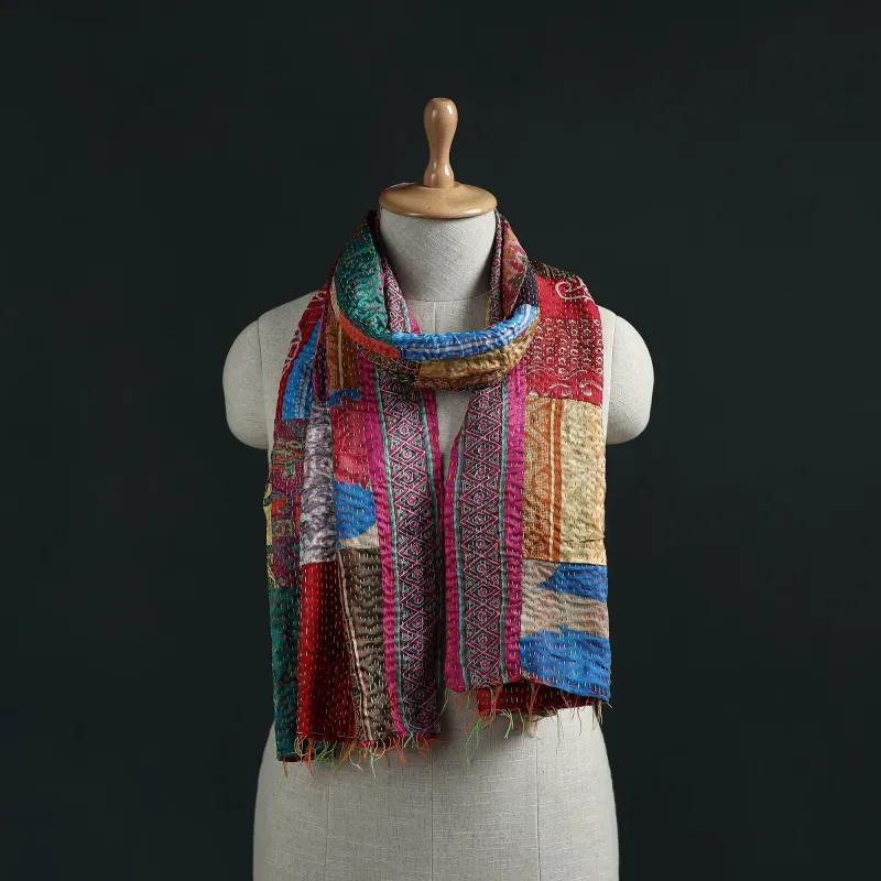 Patchwork Reversible Silk Bengal Hand Kantha Stitch Stole 30 made by Itokri