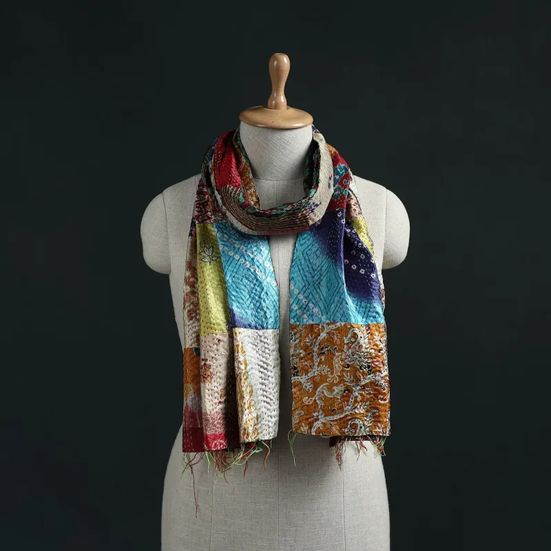 Patchwork Reversible Silk Bengal Hand Kantha Stitch Stole 13 made by Itokri