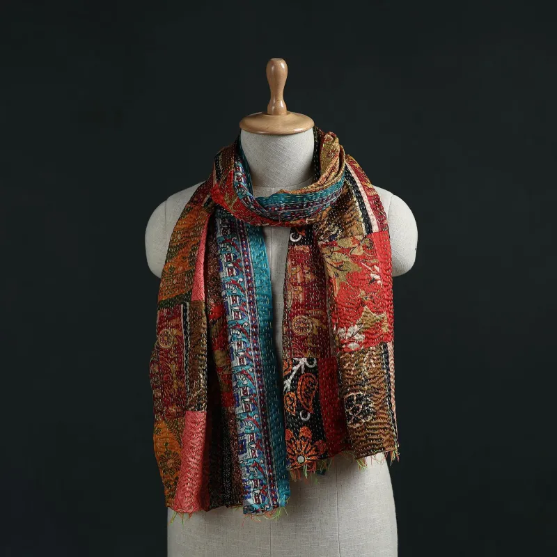 Patchwork Reversible Silk Bengal Hand Kantha Stitch Stole 03 made by Itokri