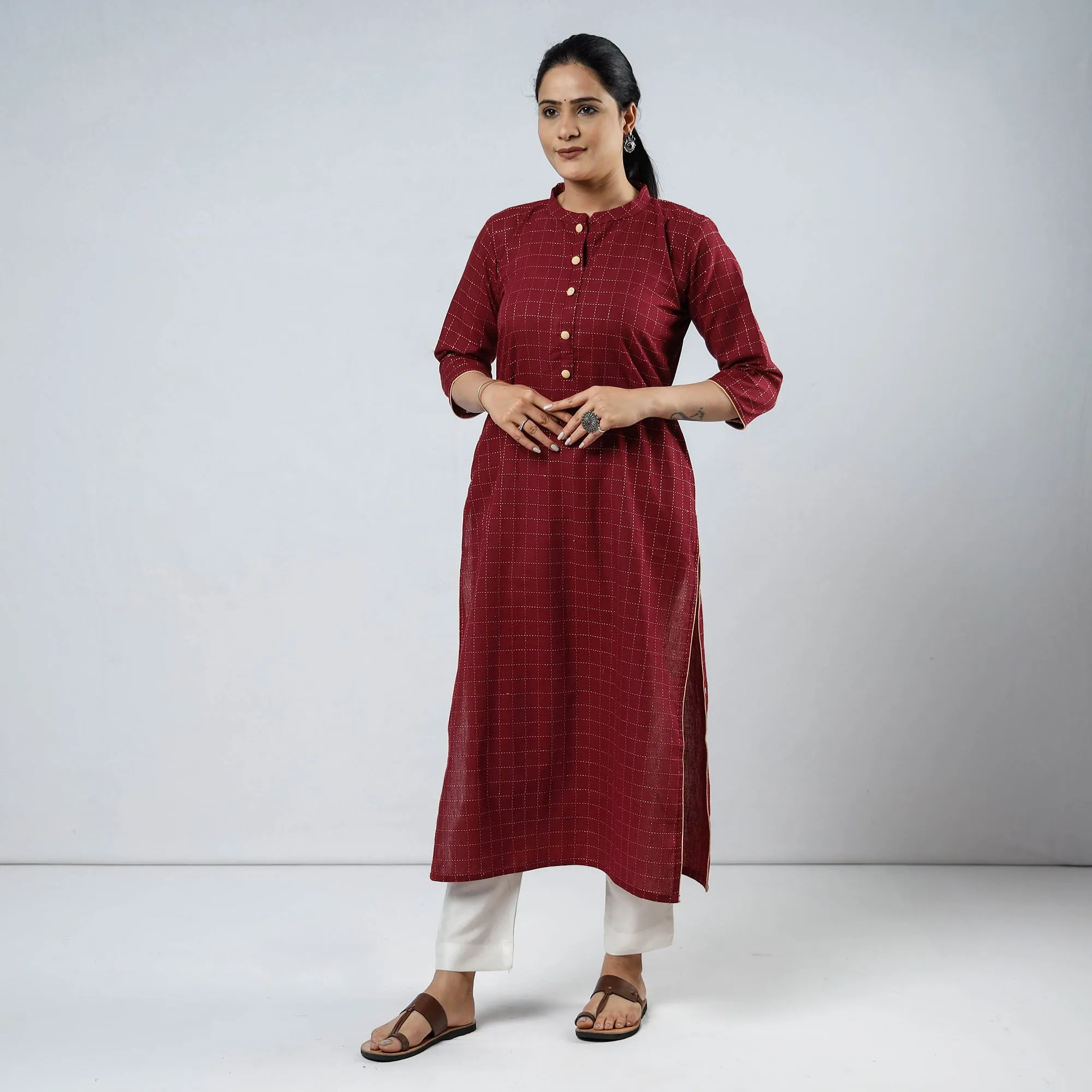 Maroon - Jacquard Cotton Straight Kurta 10 sold by Itokri product image thumbnail 2