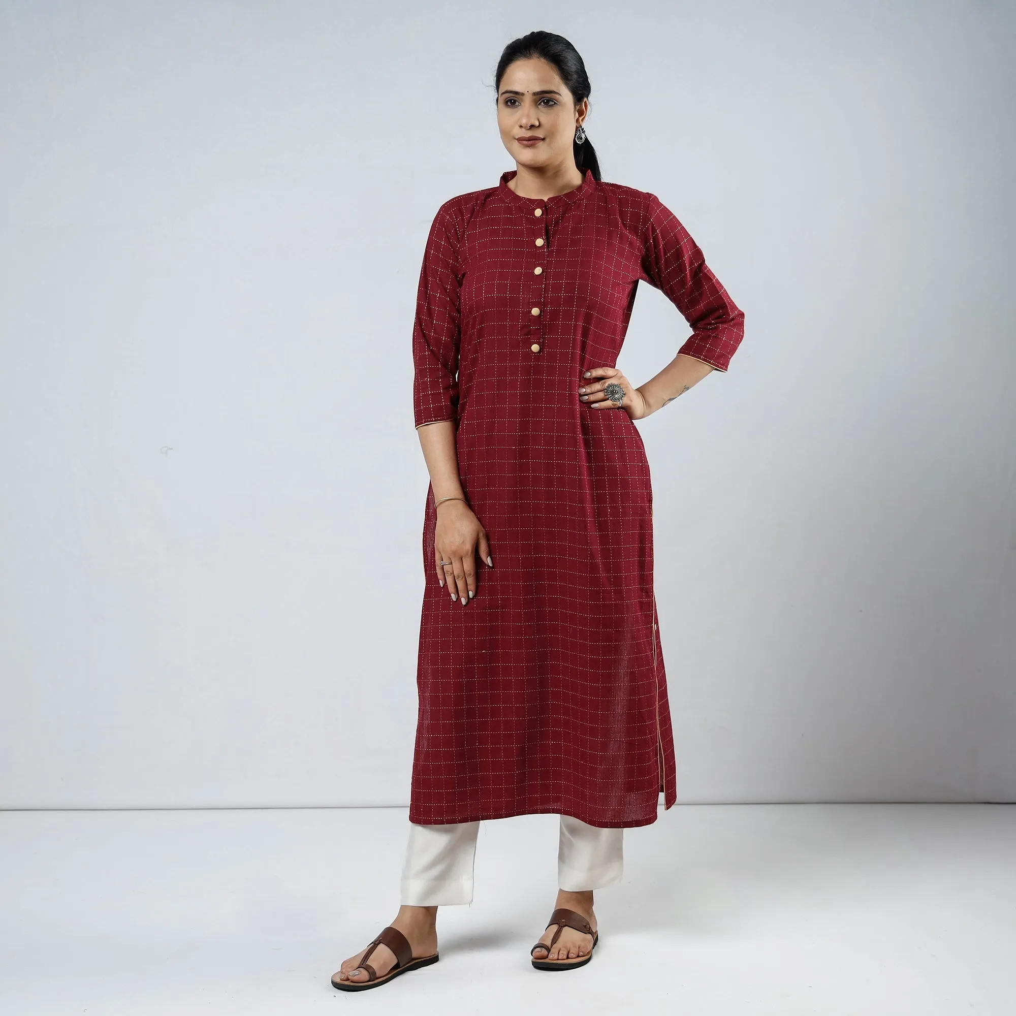 Maroon - Jacquard Cotton Straight Kurta 10 sold by Itokri product image thumbnail 3