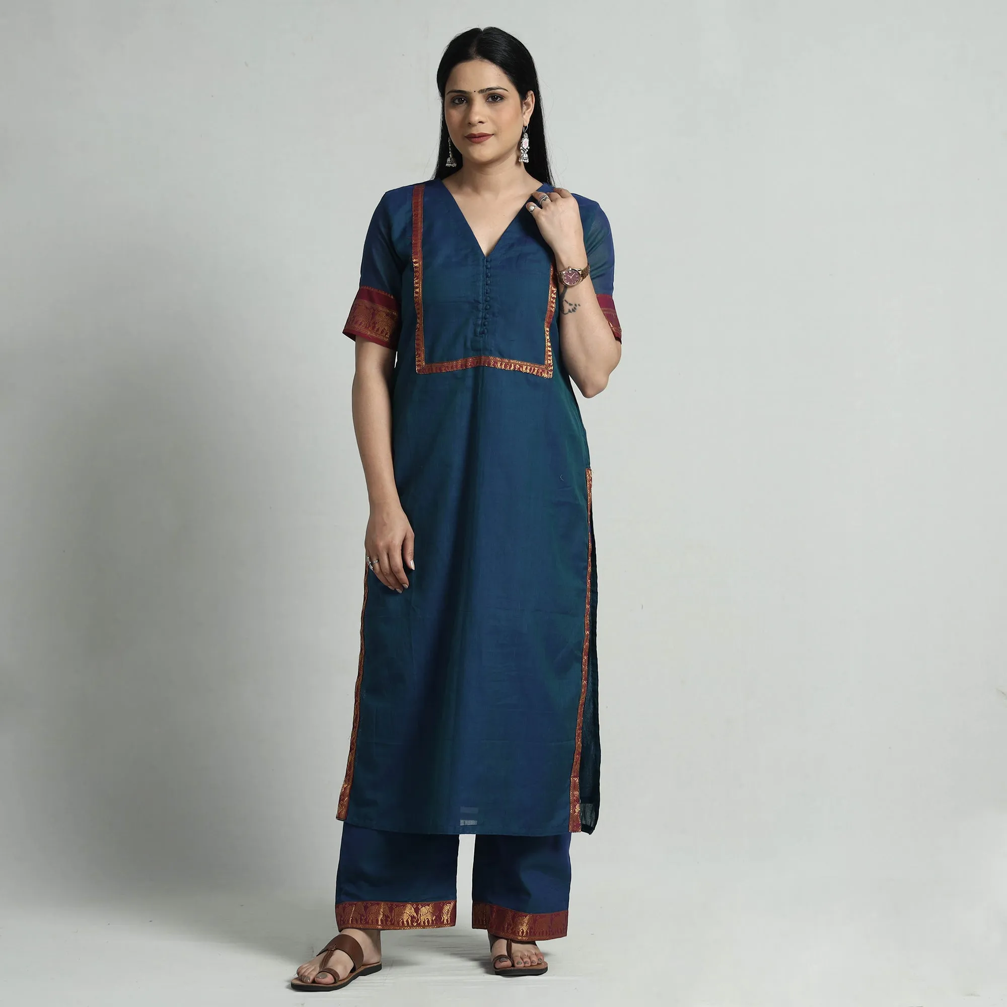 Dark Blue Dharwad Cotton Kurta with Palazzo & Dupatta Set sold by Itokri product image thumbnail 3