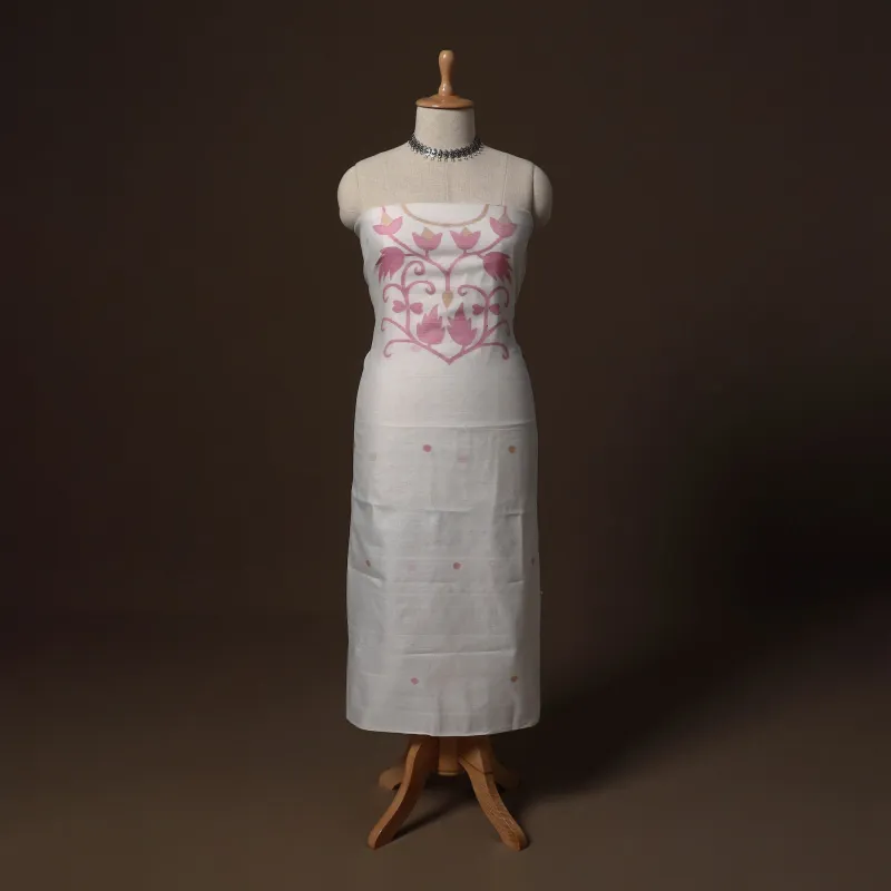 White - Phulia Jamdani Weave Handloom Silk Cotton Unstitched Kurta Material (2.5M) 09 made by Itokri