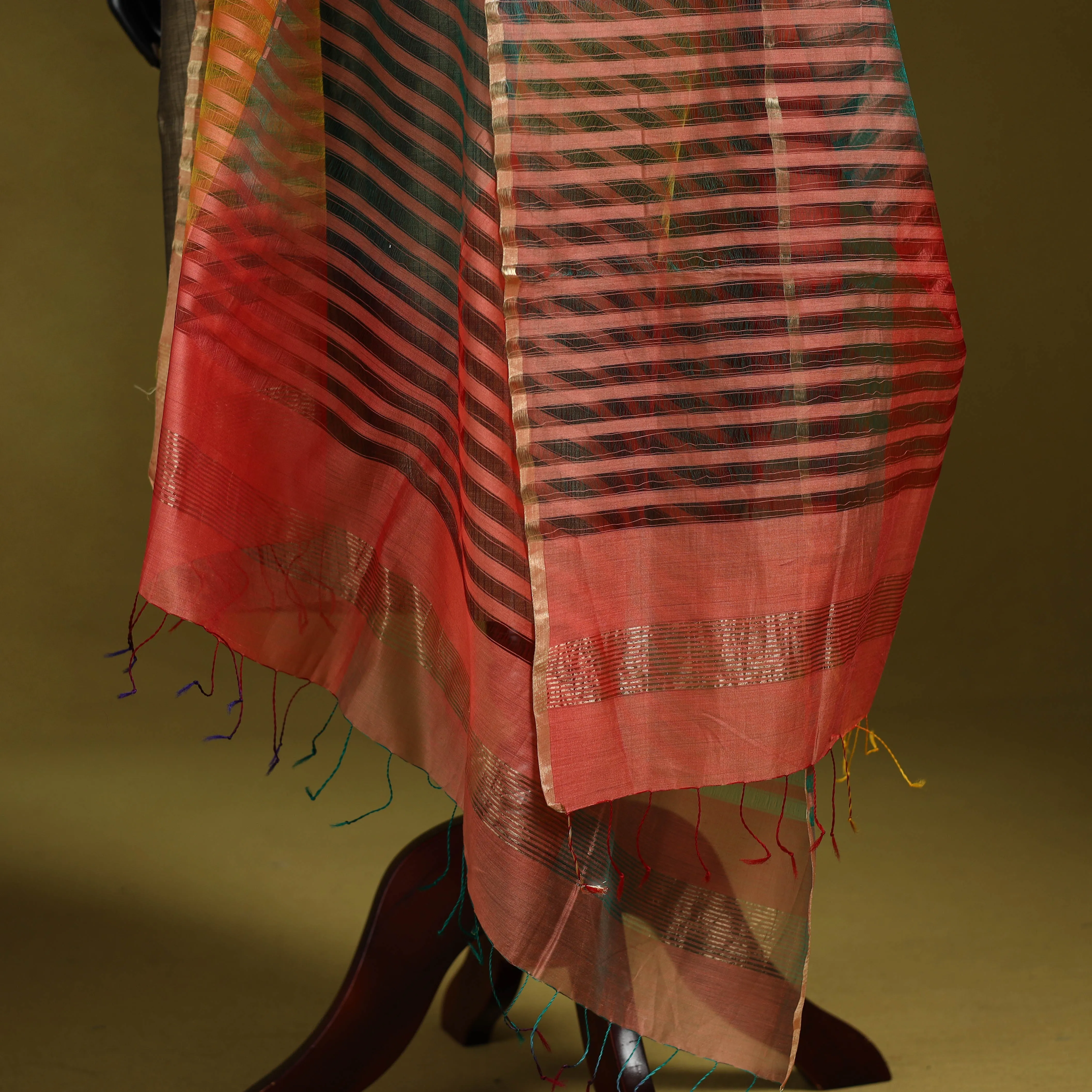 Multicolor - Handloom Silk Cotton Missing Weave Stripes Maheshwari Dupatta 52 sold by Itokri product image thumbnail 4