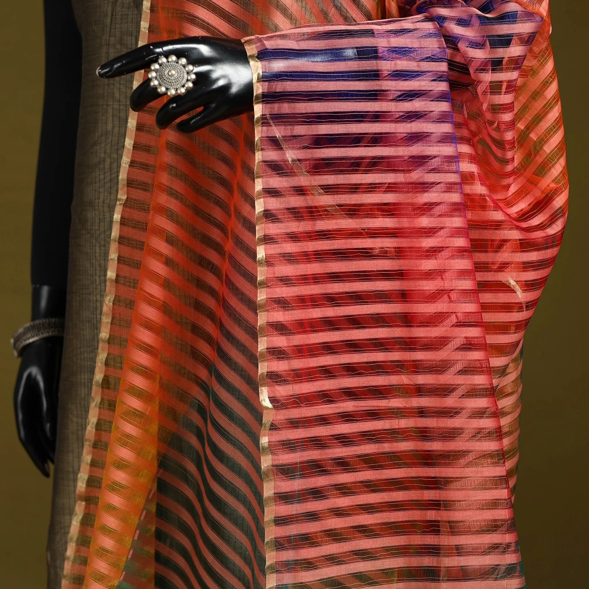 Multicolor - Handloom Silk Cotton Missing Weave Stripes Maheshwari Dupatta 52 sold by Itokri product image thumbnail 3