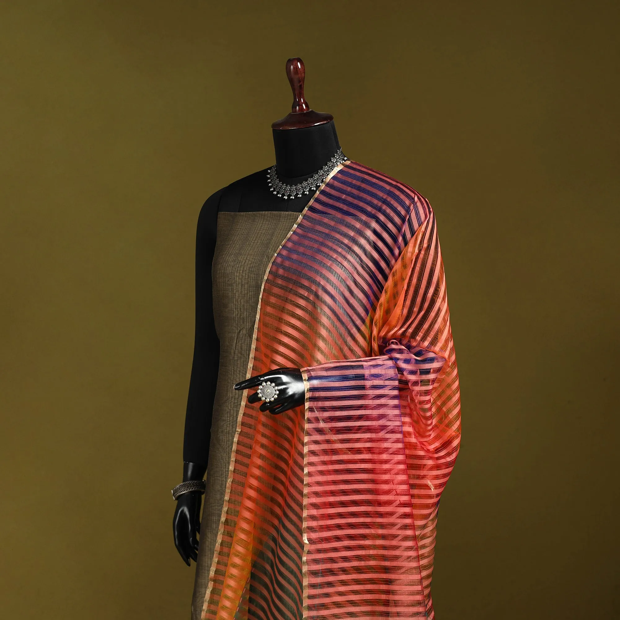 Multicolor - Handloom Silk Cotton Missing Weave Stripes Maheshwari Dupatta 52 sold by Itokri product image thumbnail 2