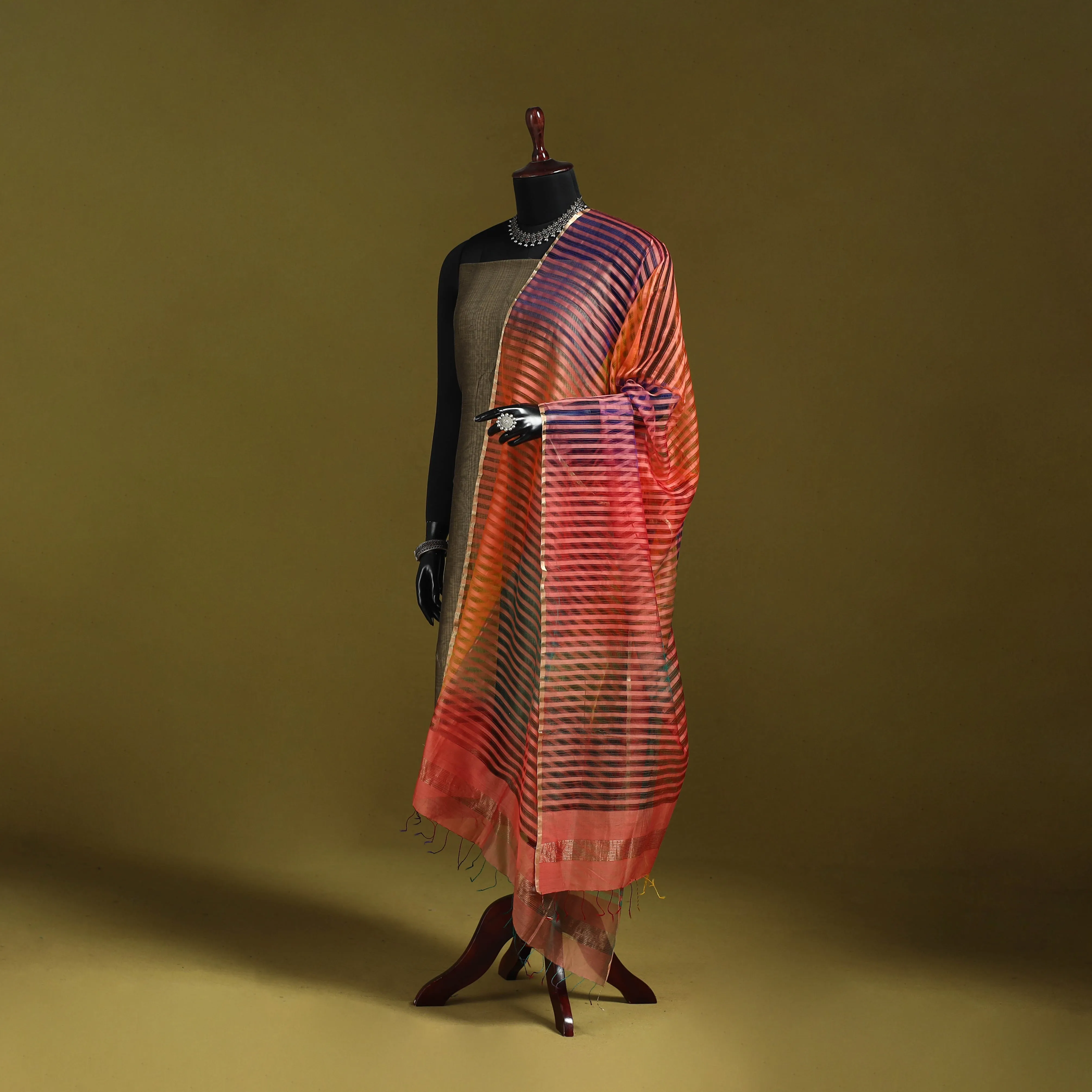 Multicolor - Handloom Silk Cotton Missing Weave Stripes Maheshwari Dupatta 52 sold by Itokri
