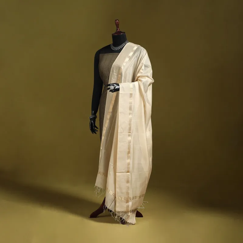 Beige - Handloom Silk Cotton Maheshwari Dupatta with Zari Border 13 made by Itokri