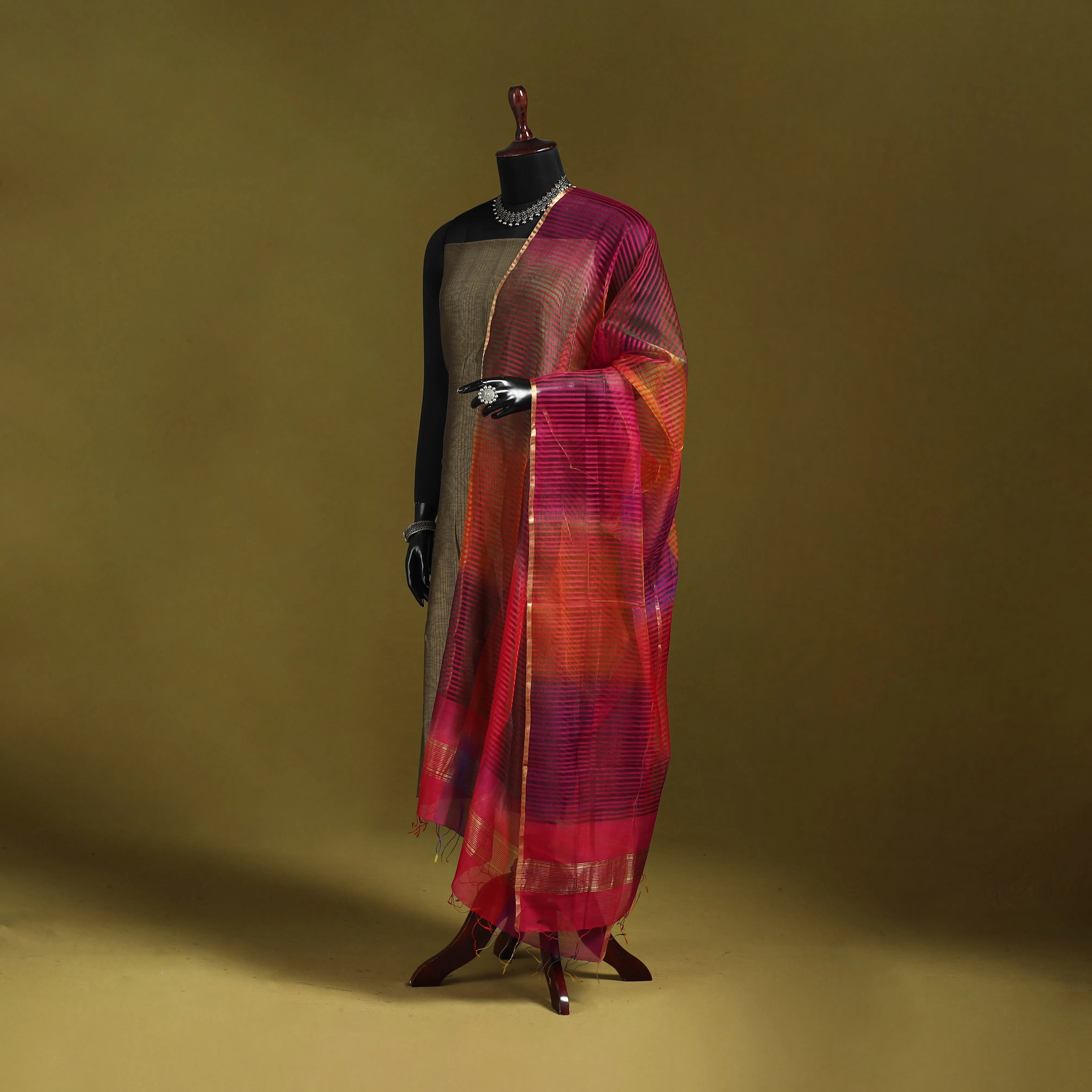Multicolor - Handloom Silk Cotton Missing Weave Stripes Maheshwari Dupatta 53 sold by Itokri