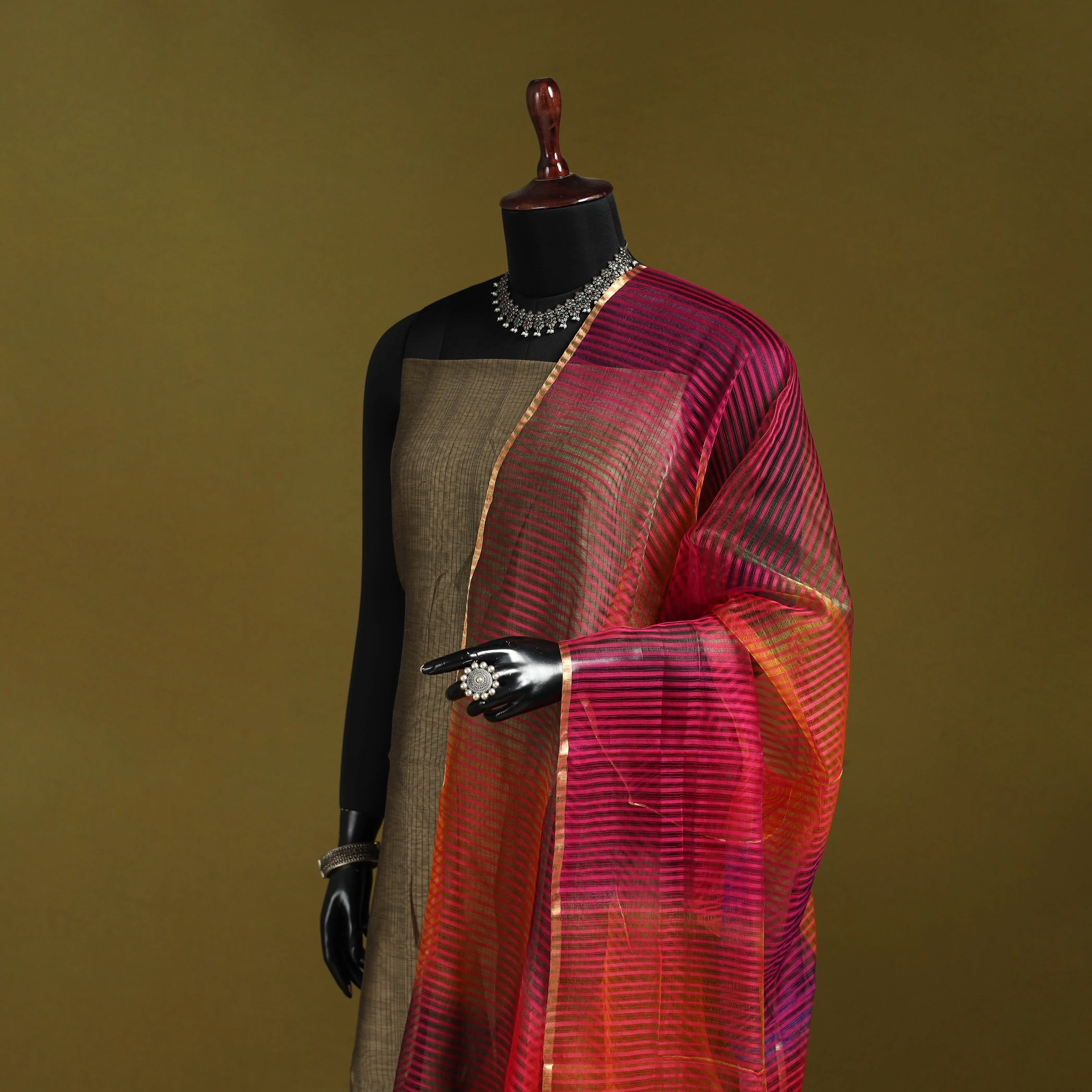 Multicolor - Handloom Silk Cotton Missing Weave Stripes Maheshwari Dupatta 53 sold by Itokri product image thumbnail 2