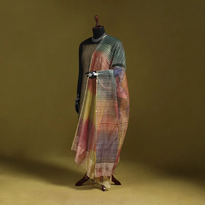 Multicolor - Handloom Silk Cotton Missing Weave Stripes Maheshwari Dupatta 57 made by Itokri