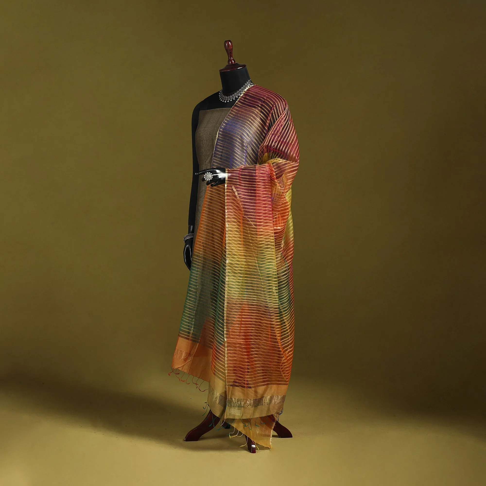Multicolor - Handloom Silk Cotton Missing Weave Stripes Maheshwari Dupatta 54 sold by Itokri