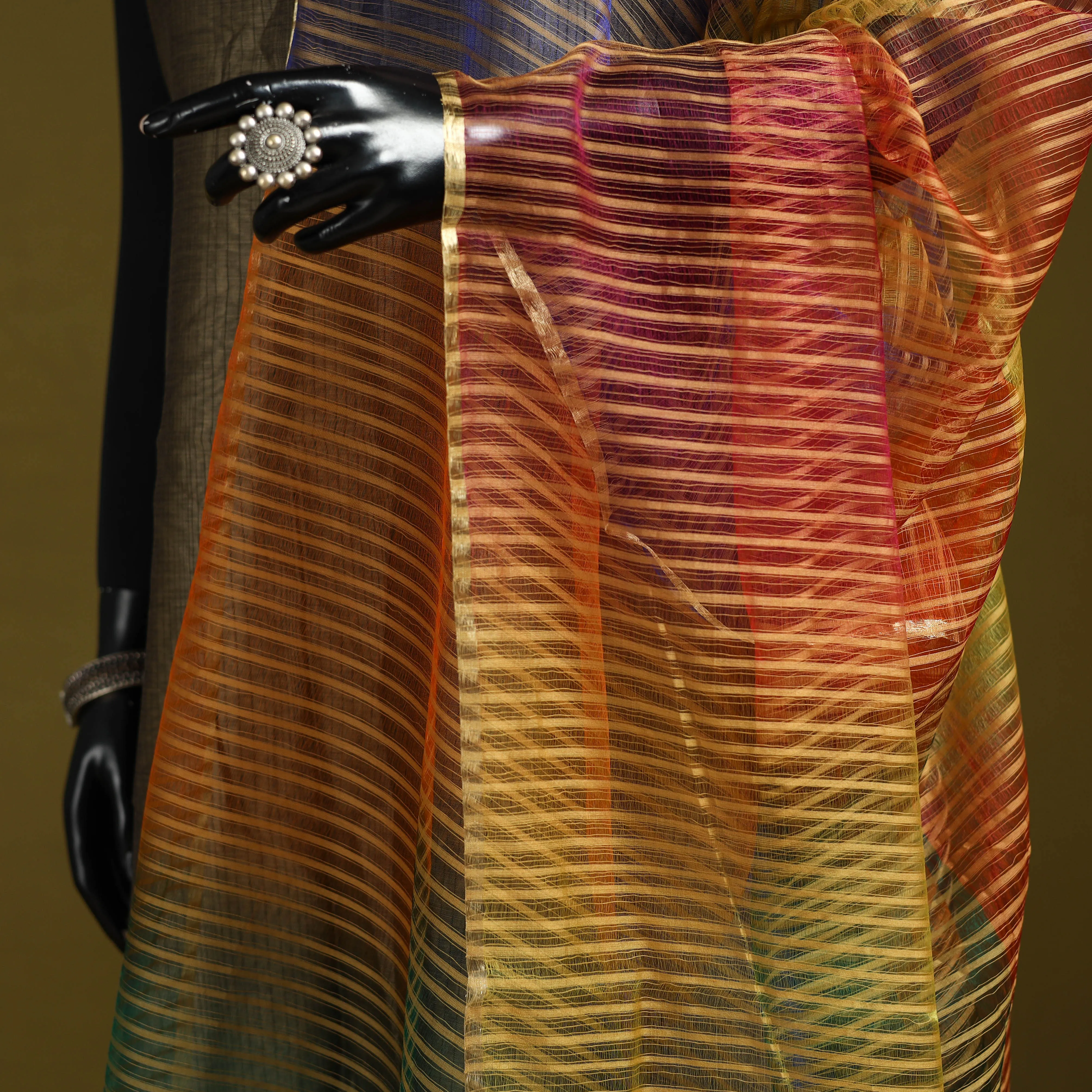 Multicolor - Handloom Silk Cotton Missing Weave Stripes Maheshwari Dupatta 54 sold by Itokri product image thumbnail 3