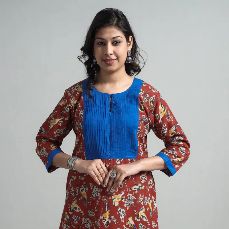 Red - Kalamkari Printed Cotton Pintuck Long Straight Kurta made by Itokri