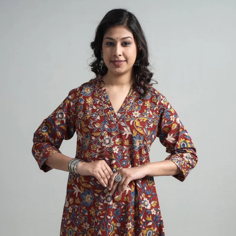 Red - Kalamkari Printed Cotton A-Line Long Kurta made by Itokri